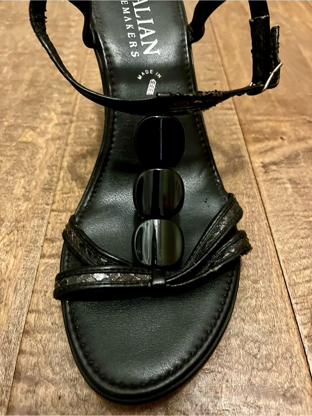 Italian Shoemakers Black Women’s T-Strap Dress Sandal with Glossy Accent